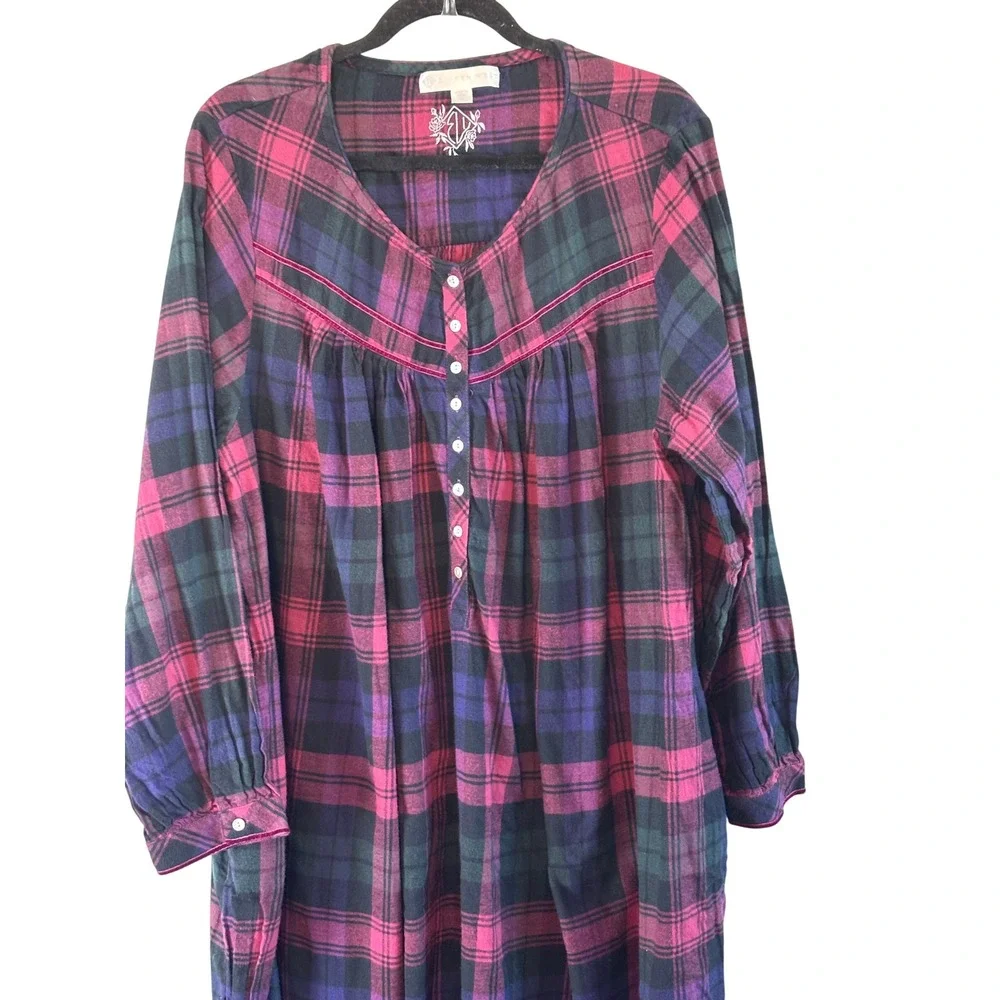 Eileen West Plaid Cotton Flannel Ballet Nightgown XL Velvet Trim Sleepwear